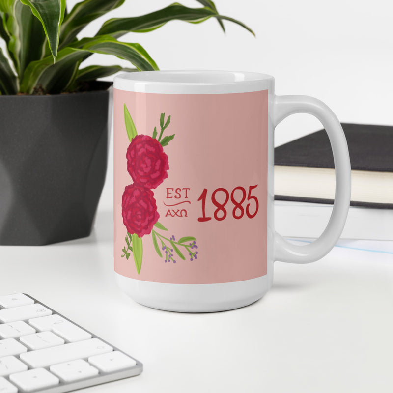 Alpha Chi Omega 1885 Pink Glossy Mug in 15 oz size shown in office environment