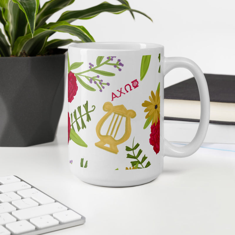 Alpha Chi Omega mug ceramic mug in signature carnation floral print in 15 oz size.