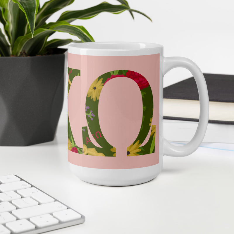 Alpha Chi Omega Greek Letters Pink Mug in office environment