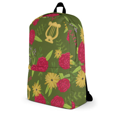 Alpha Chi Omega green floral backpack shown in side view