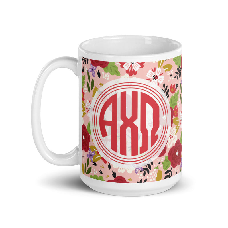 Alpha Chi Omega Modern Floral Monogramed Pink Mug in 15 oz size handle on left