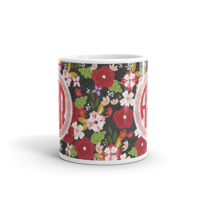 Alpha Chi Omega Modern Floral Monogram Ebony Glossy Mug showing pattern wrapping around mug