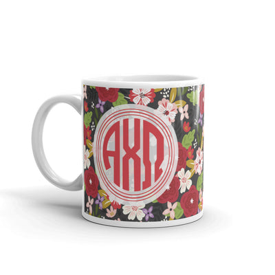 Alpha Chi Omega Modern Floral Monogram Ebony Glossy Mug with handle on the left