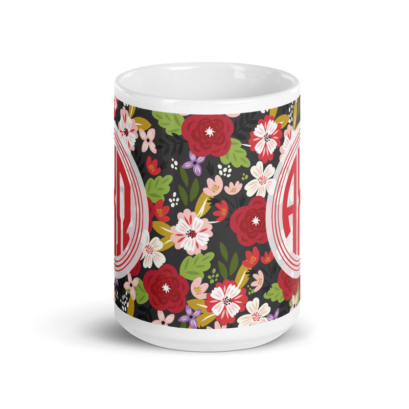 Alpha Chi Omega Modern Floral Monogram Ebony Glossy Mug showing print around mug