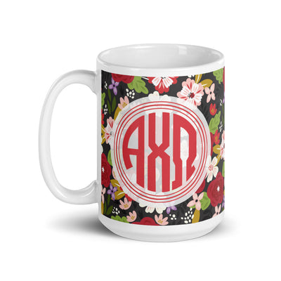 Alpha Chi Omega Modern Floral Monogram Ebony Glossy Mug in 15 oz size showing handle on left