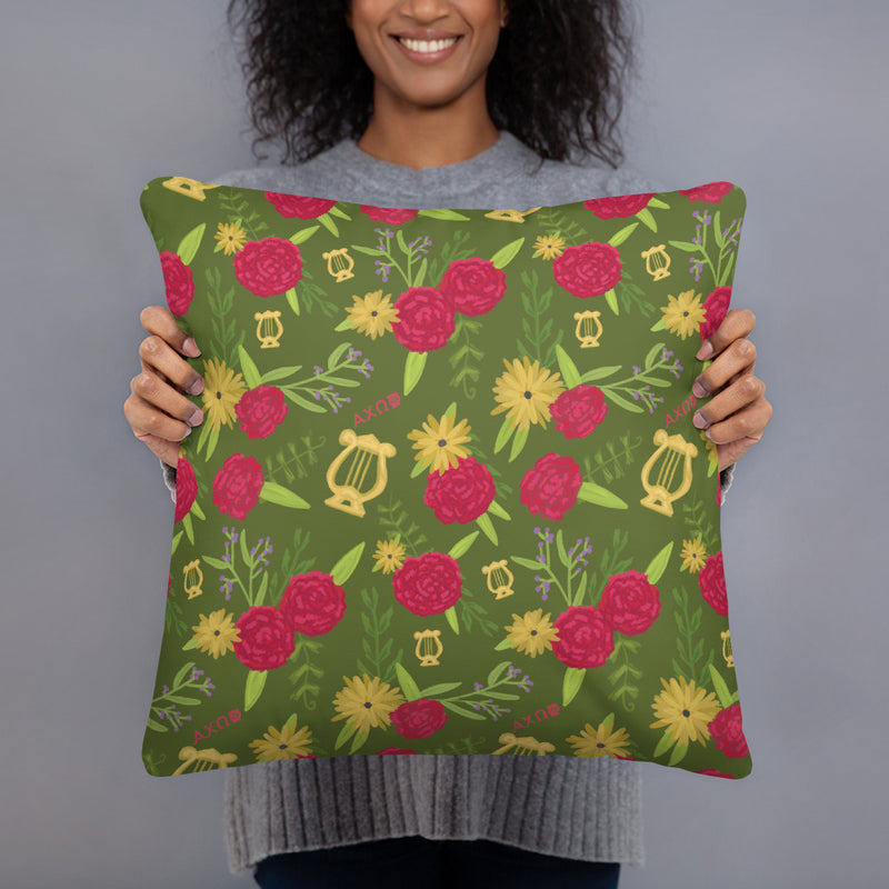 Reverse side of Alpha Chi Omega Real. Strong. Women. Olive Green Pillow