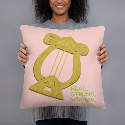 Alpha Chi Omega Real Strong Women Pillow, Pink shown with woman