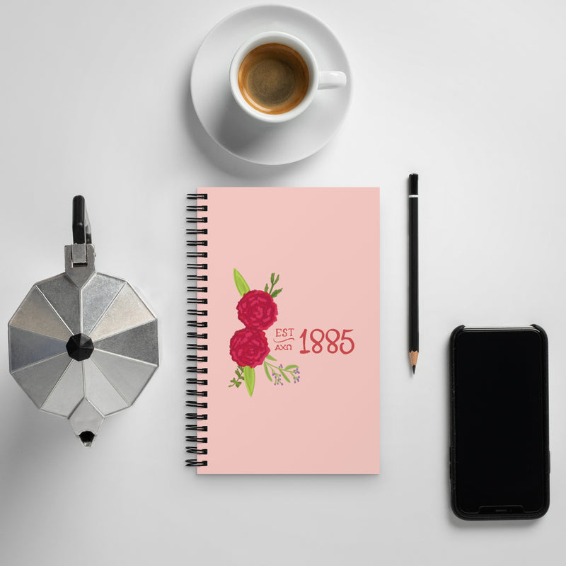 Alpha Chi Omega Est. 1885 Spiral Notebook, Pink shown with coffee