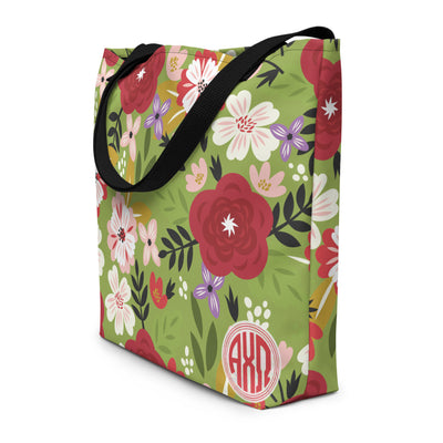 Alpha Chi Omega Modern Floral Greencastle with AXO Monogram Tote Bag shown in side view