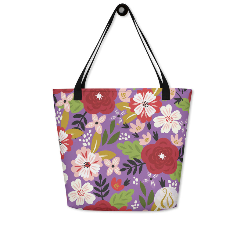 Alpha Chi Omega Modern Floral Iris Tote Bag shown on hook