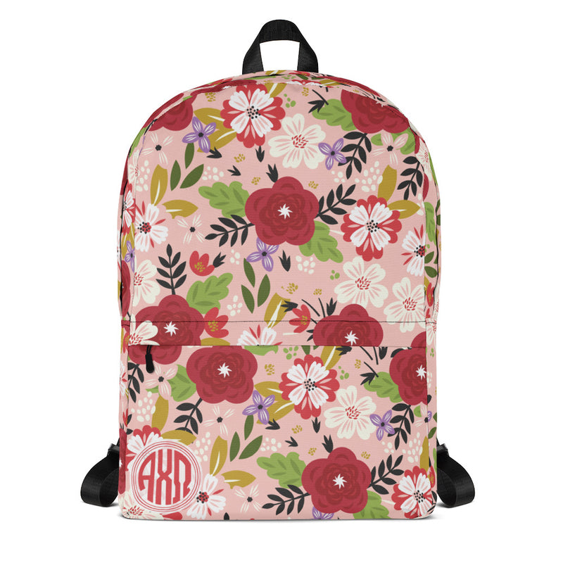 Alpha Chi Omega Modern Floral Hera Pink Backpack in full view