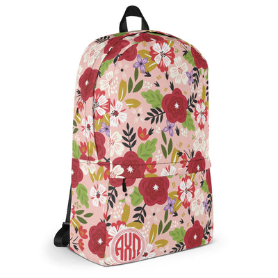 Alpha Chi Omega Modern Floral Hera Pink Backpack shown in side view