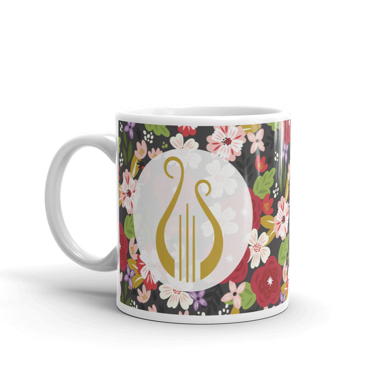 Alpha Chi Omega Modern Floral Print Ebony Mug with Lyre with handle on left