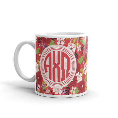 Alpha Chi Omega Modern Floral Monogram Scarlet Glossy Mug with handle on left