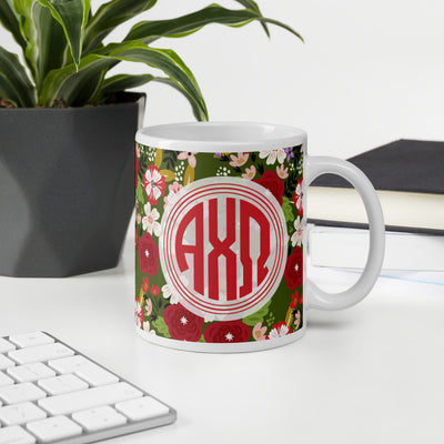 Alpha Chi Omega Modern Floral Monogram Olive Glossy Mug in Olive green in office environment