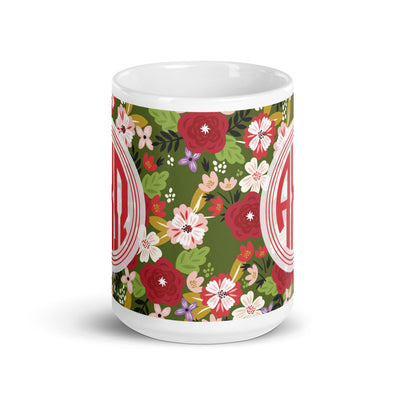 Alpha Chi Omega Modern Floral Monogram Olive Glossy Mug showing print wrapping around 15 oz mug