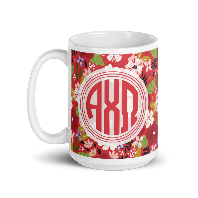 Alpha Chi Omega Modern Floral Monogram Scarlet Glossy Mug with handle on left