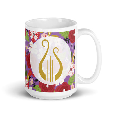 Alpha Chi Omega Modern Floral Lyre Iris Purple Glossy Mug in 15 oz size in full view