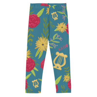 Alpha Chi Omega Floral Print Kid's Leggings, Teal in front view