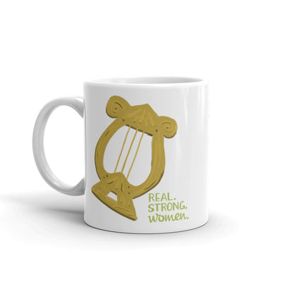 Alpha Chi Omega Lyre Real. Strong. Women. White Mug with handle on left