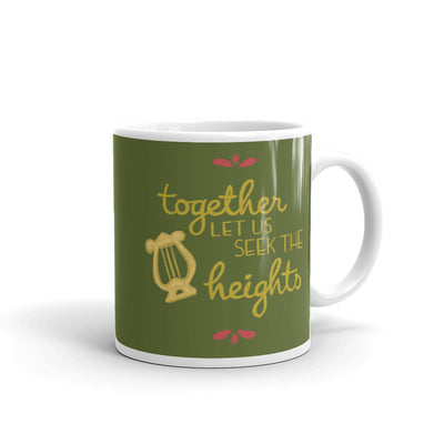 Alpha Chi Omega Together Let Us Seek the Heights Olive Green Mug shown in full view with handle on right
