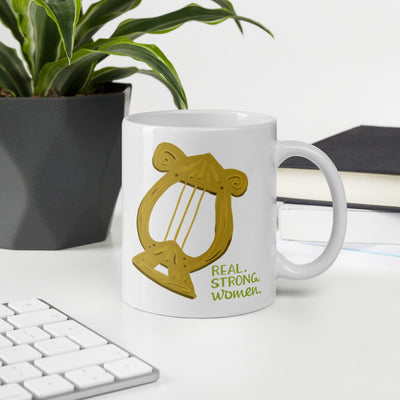 Alpha Chi Omega Lyre Real. Strong. Women. White Mug shown in office environment