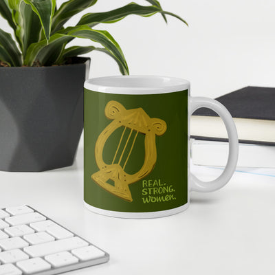 Alpha Chi Omega Real. Strong. Women mug in Olive green shown in office environment. 