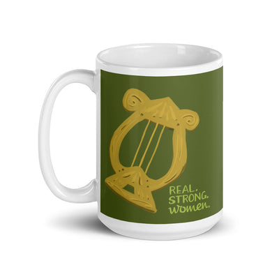 Alpha Chi Omega Real. Strong. Women Olive green mug in 15 oz. size with white handle and interior.