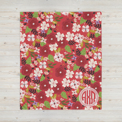 Alpha Chi Omega Modern Floral Print throw blanket in Scarlet red  shown in full view.