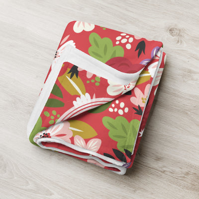 Alpha Chi Omega throw blanket with Scarlet red modern floral print shown folded.