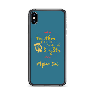 A Greek Happy favorite, our premium Alpha Chi Omega Motto Together Let Us Seek the Heights teal iPhone case 
