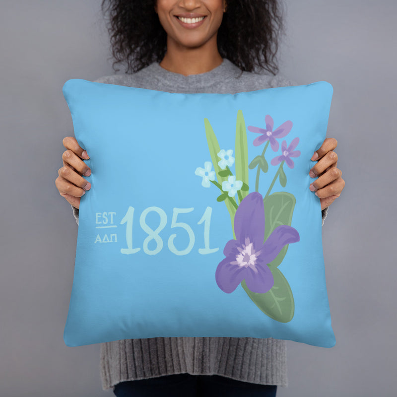 Alpha Delta Pi 1851 Founding Date Pillow being held up by model