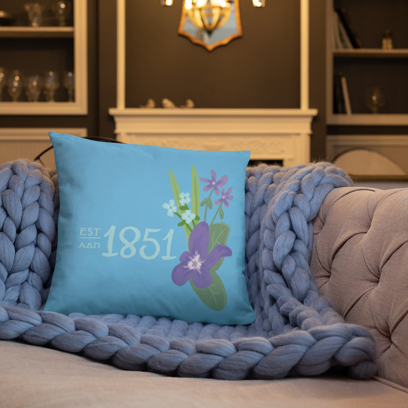 Alpha Delta Pi 1851 Founding Date Pillow shown on couch