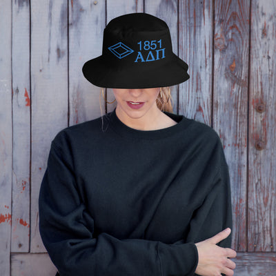 Alpha Delta Pi 1851 Founding Date Bucket Hat in black shown on woman's head