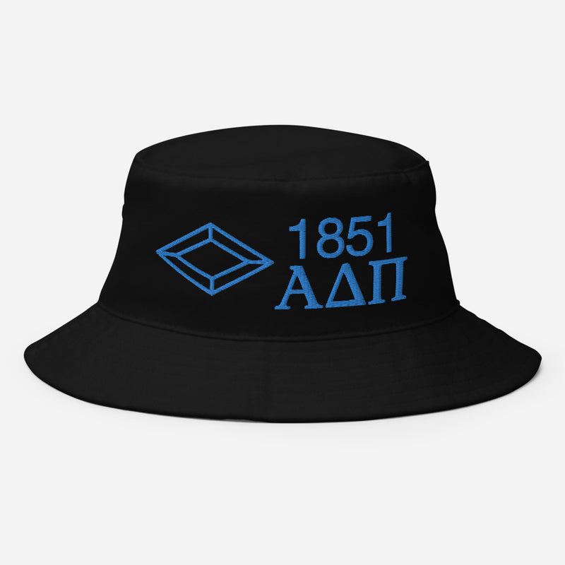 Alpha Delta Pi 1851 Founding Date Bucket Hat in black with blue embroidery shown in full view