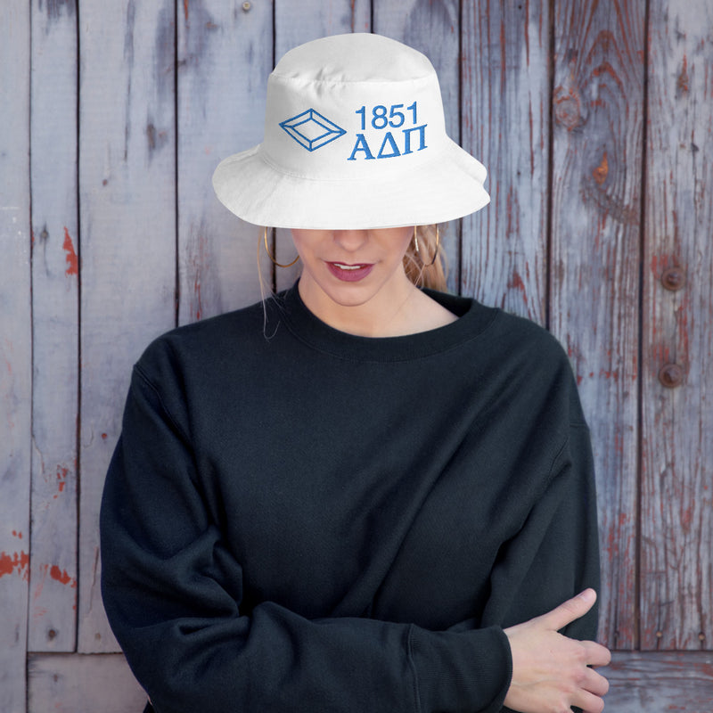 Alpha Delta Pi 1851 Founding Date Bucket Hat shown in white on woman&