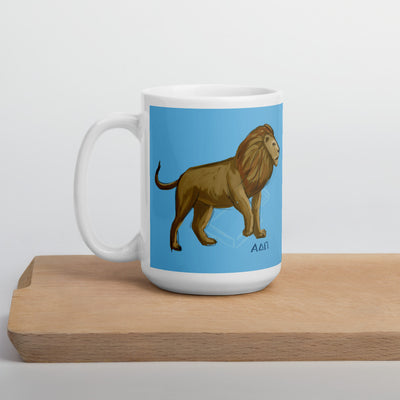 Our ADII mug features Alphie the Llion, the ADII diamond and Greek Letters. shown in 15 oz size