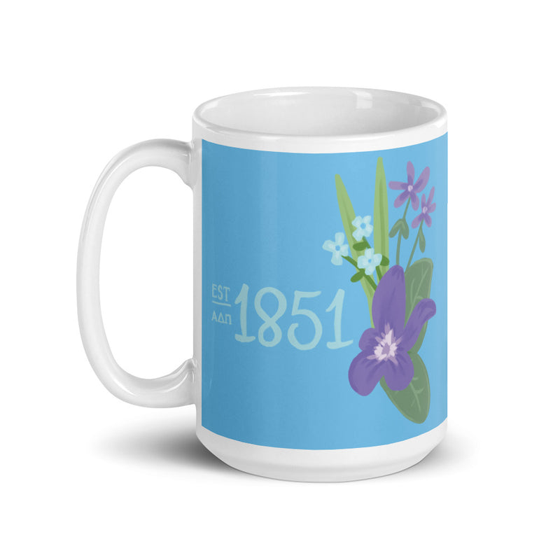 Our Alpha Delta Pi 1851 ceramic mug is shown in 15 oz size with handle on the left