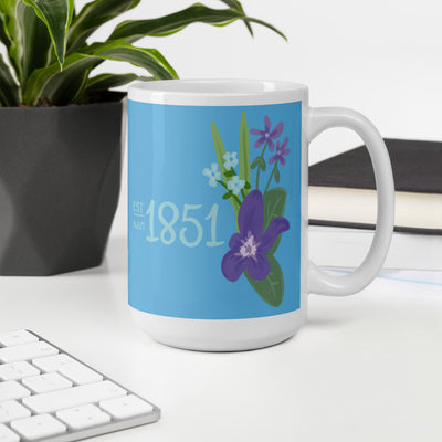 Our Alpha Delta Pi 1851 mug features the violet and Greek letters and shown in 15 oz size