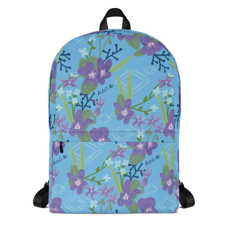 Front view of ADII Floral print backpack featuring violets and diamonds