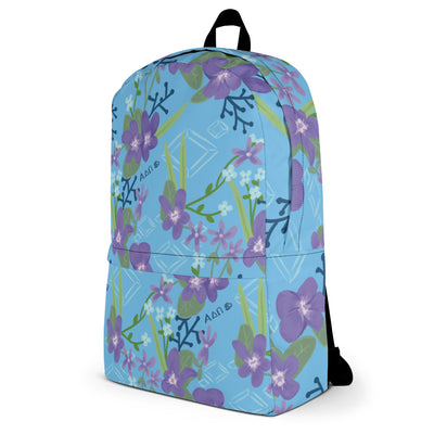 Side view of ADII Floral print backpack featuring violets and diamonds