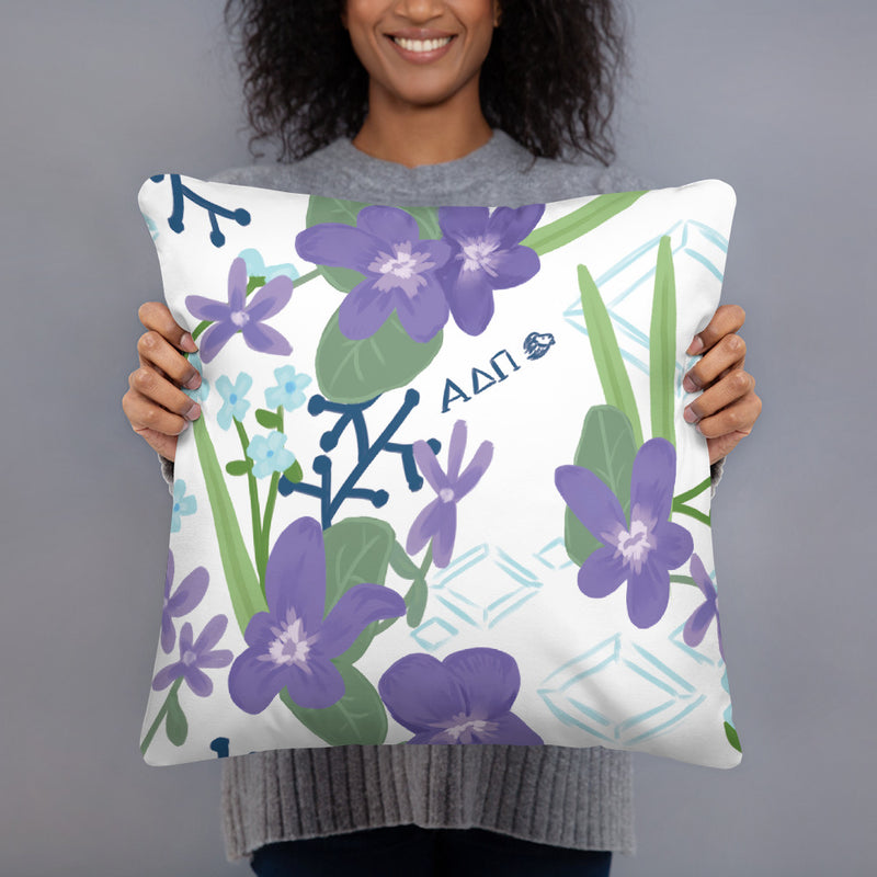Alpha Delta Pi Violet Sorority Pillow showing hand drarwn floral print