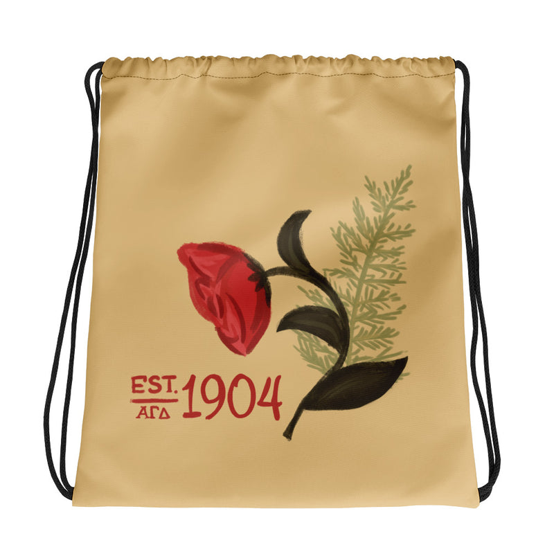 Alpha Gamma Delta 1904 Founding Year Gold Drawstring Bag shown in gold and flat