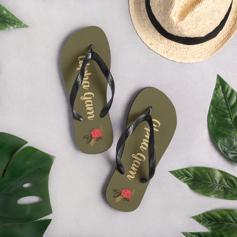 Alpha Gamma Delta Green and Rose Flip-Flops shown with hat