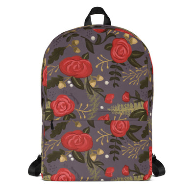 Alpha Gamma Delta Rose print backpack shown in full view in gray