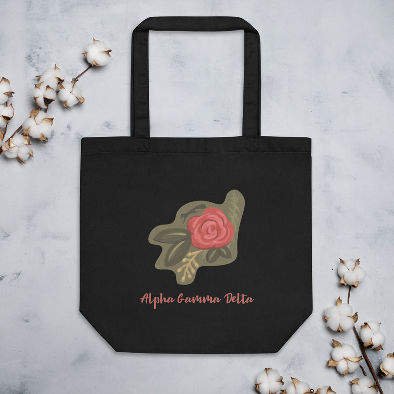 Alpha Gamma Delta Rose Design Eco Tote Bag in black shown with cotton