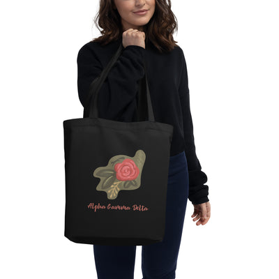 Alpha Gamma Delta Rose Design Eco Tote Bag in black shown on model's arm