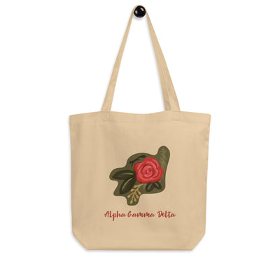 Alpha Gamma Delta Rose Design Eco Tote Bag in natural oyster on hook