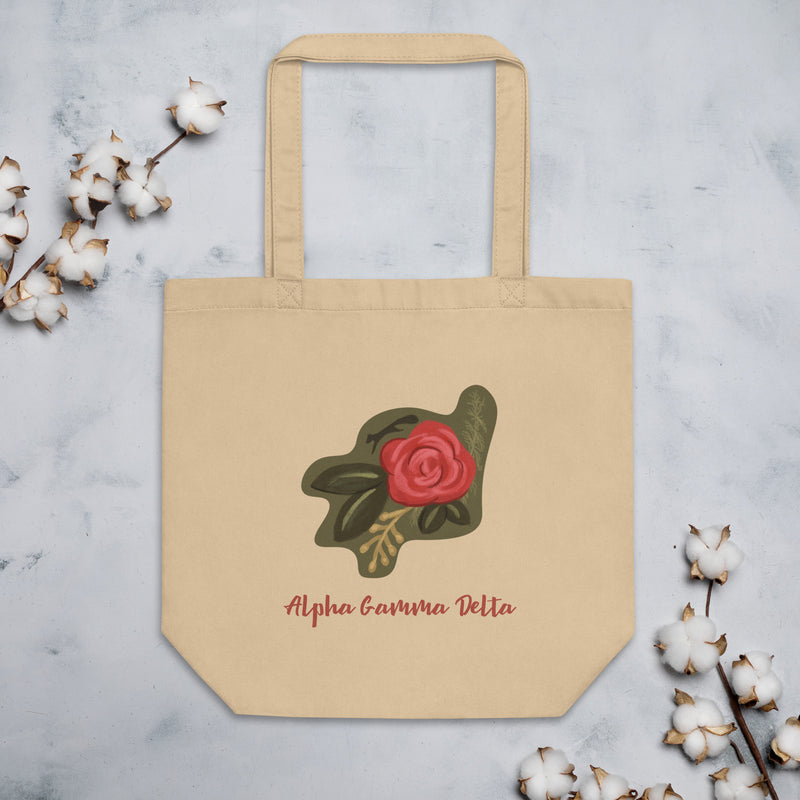 Alpha Gamma Delta Rose Design Eco Tote Bag shown in oyster color flat with cotton blossoms