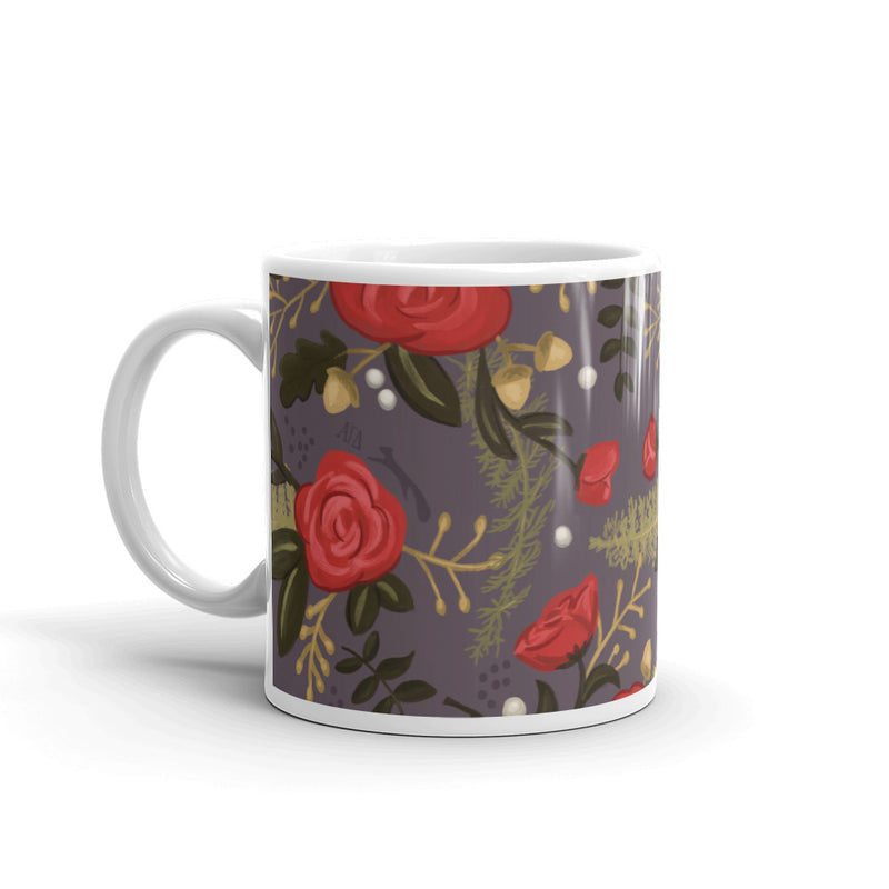 Alpha Gamma Delta Floral Pattern Glossy Mug in 11 oz size with handle on left